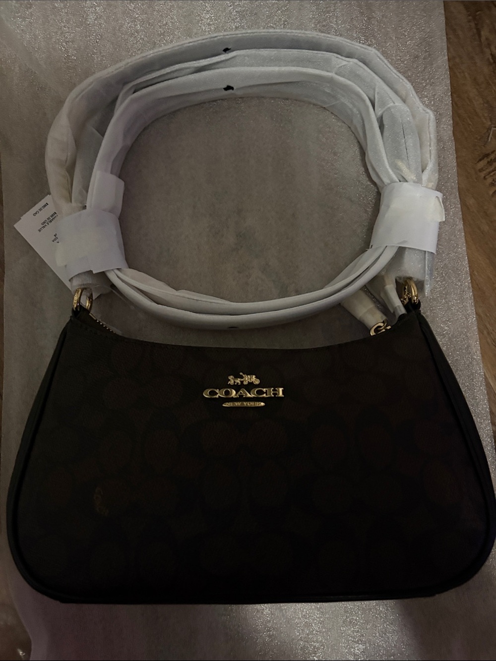 Coach Black/Brown Signature Canvas Shoulder Bag with Gold Logo